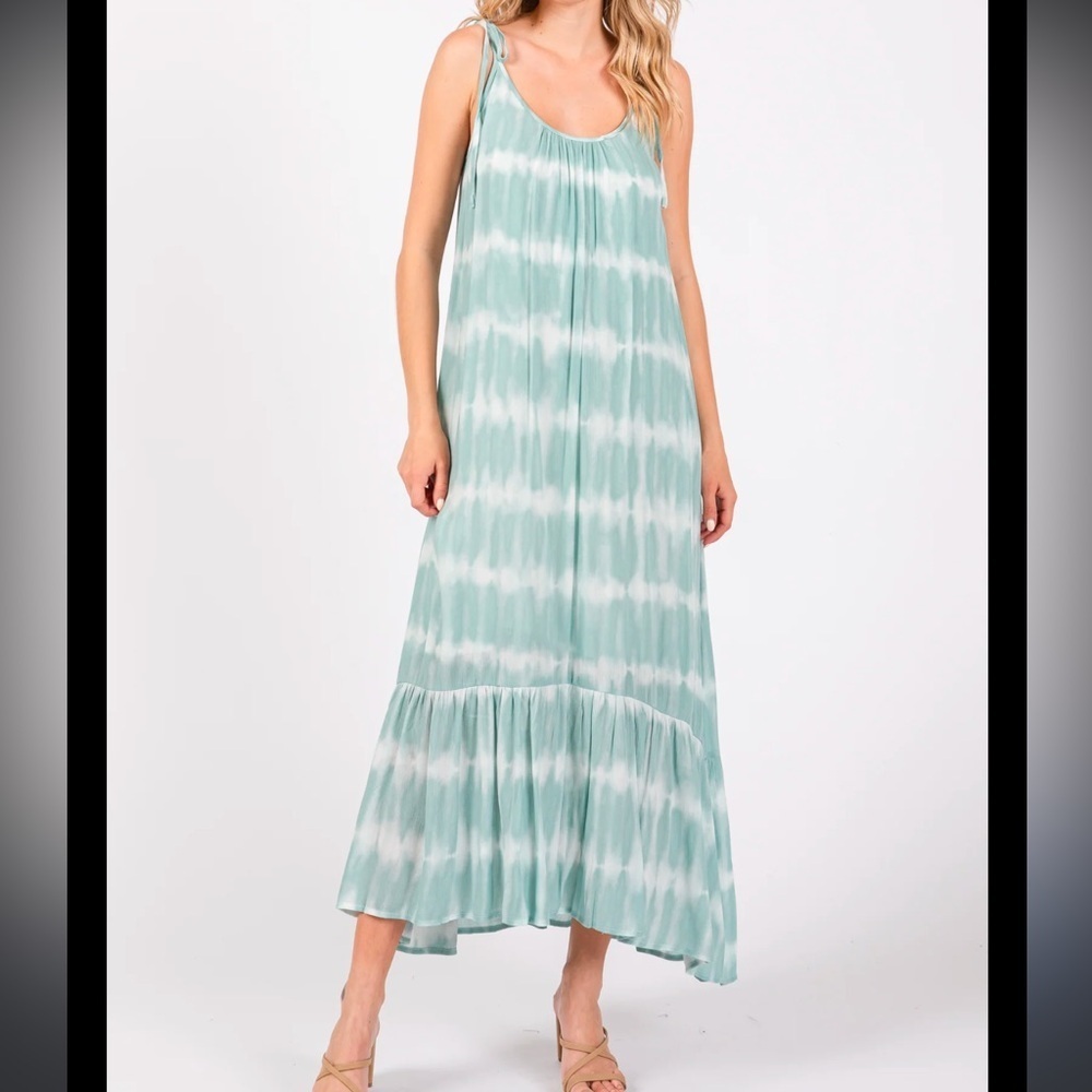 MABLE aqua tie dye tiered loose relaxed boho gauze midi dress Sz S